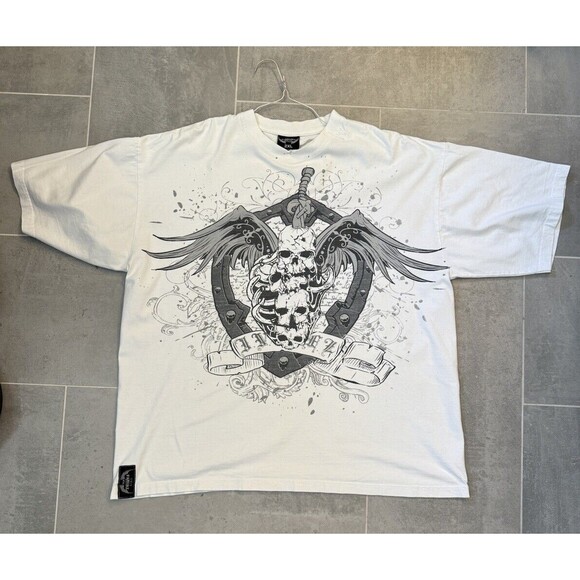 Four Fatherz Winged Skull And Dagger Y2K Hip Hop White T-Shirt - XXL - Picture 1 of 11